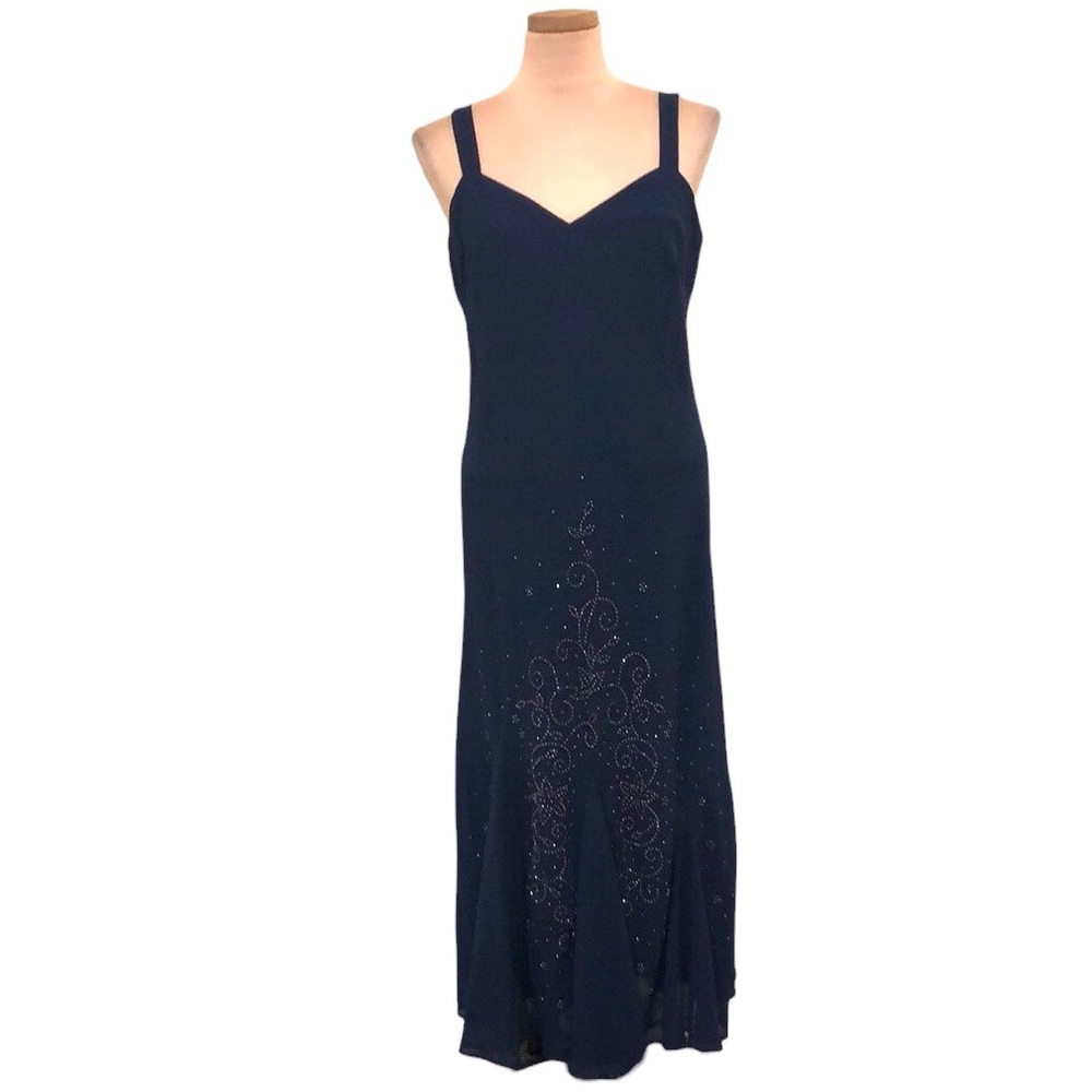 R&M Richards Formal Dress Size 8 Navy Blue Bronze Beaded Spiral Vine Pattern